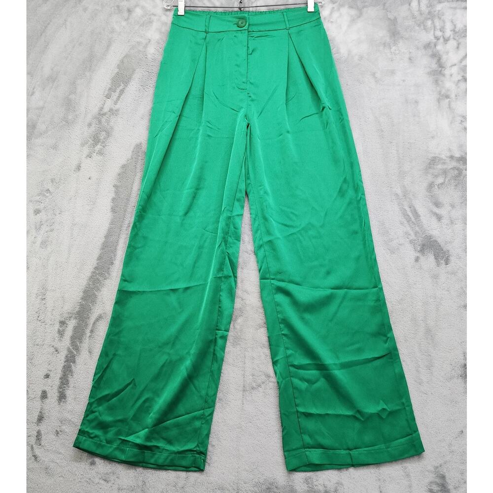 Haute Monde Pants Womens L‎ Green Satin Pleated Wide Leg Flowy High Rise Office